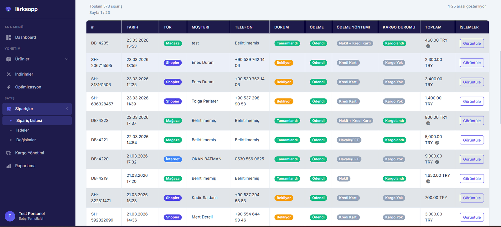 Larksopp - Sipariş Yönetimi